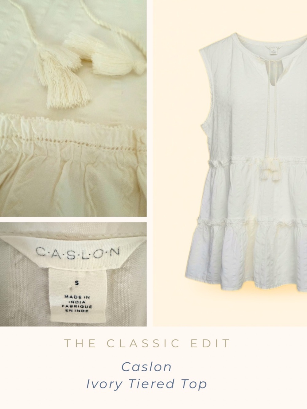 Caslon | Ivory Boho Tiered Babydoll Top | Tassel Tie Neck | Cotton Rayon Blouse
